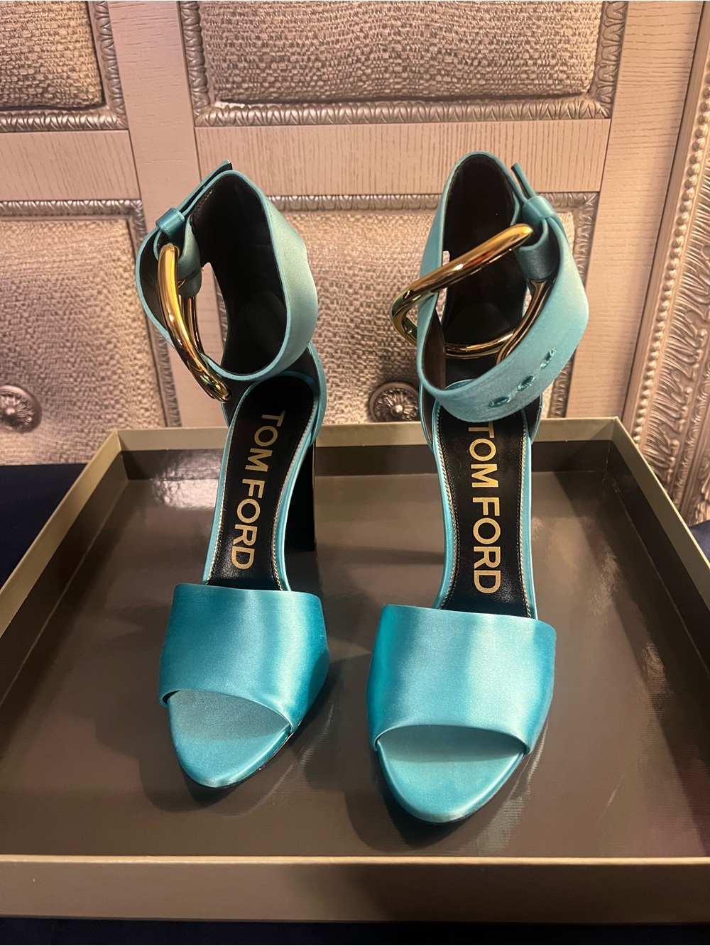 Tom Ford Turquoise Satin Ankle Strap Heels with Gold Buckle
